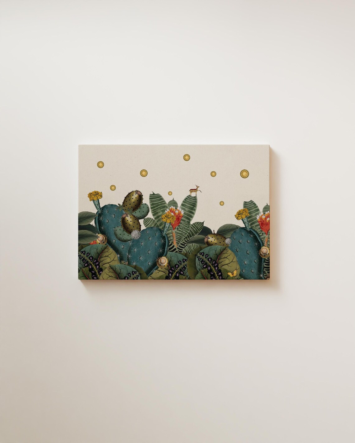 Whimsical Cactus Garden Botanical Collage With Tiny Deer Art Print