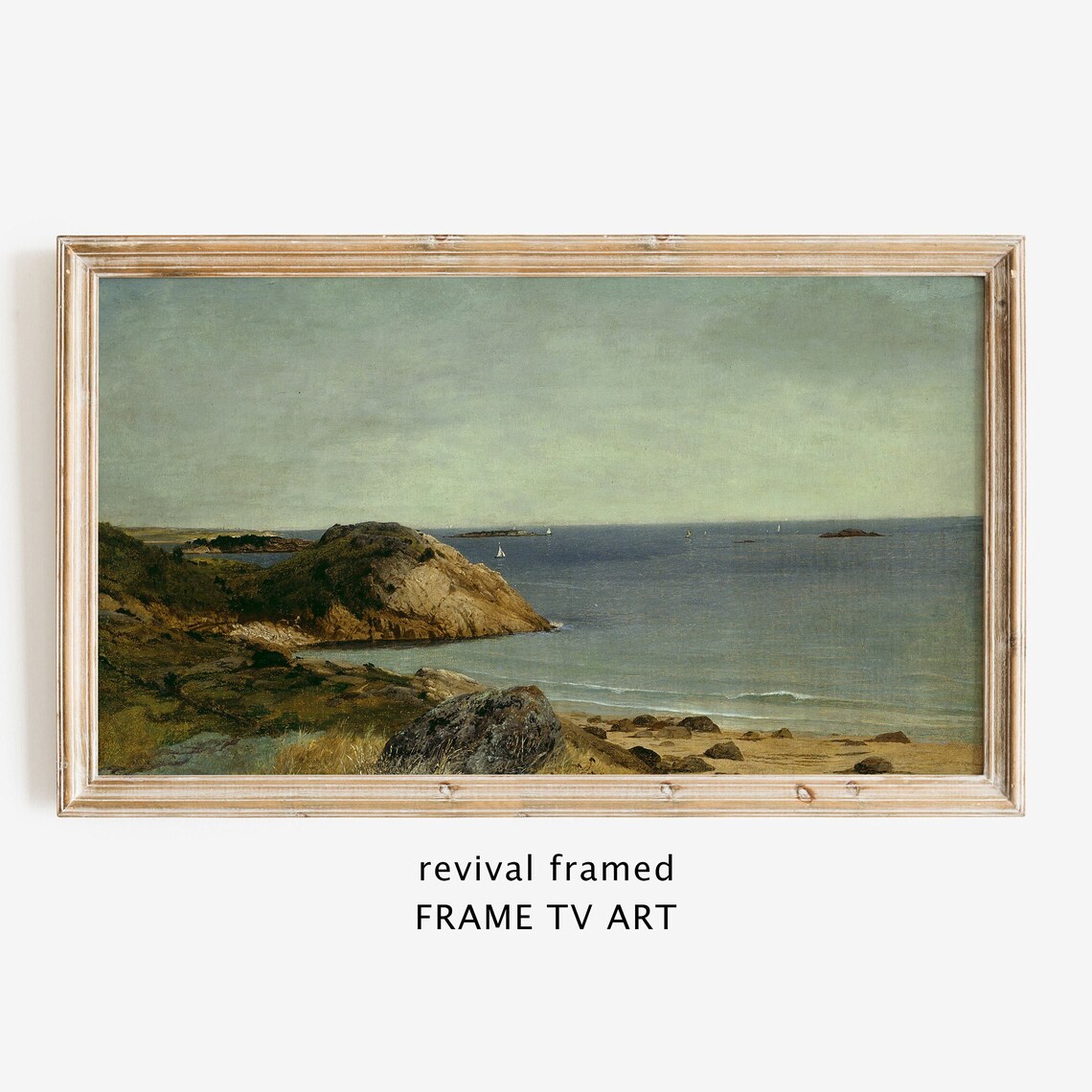 Rocky Coastal Headland Sailboats Minimalist Neutral Seascape Painting Poster