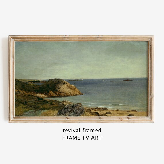Rocky Coastal Headland Sailboats Minimalist Neutral Seascape Painting Poster