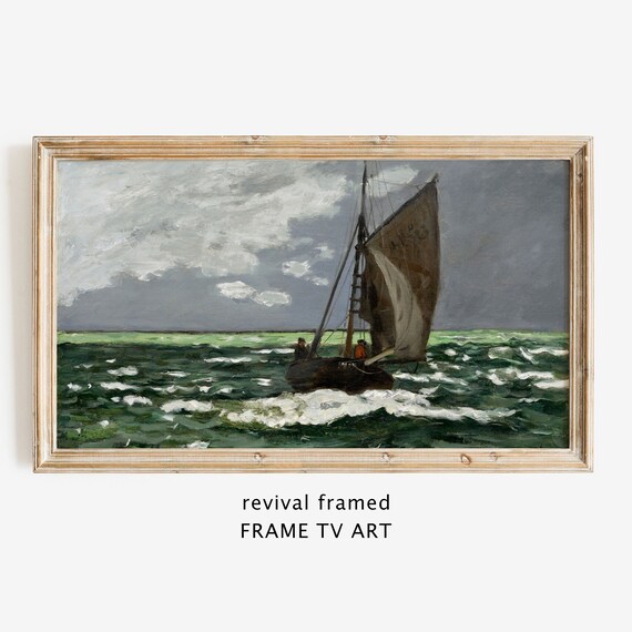 Sailing Boat on Stormy Green Sea Vintage Maritime Oil Poster