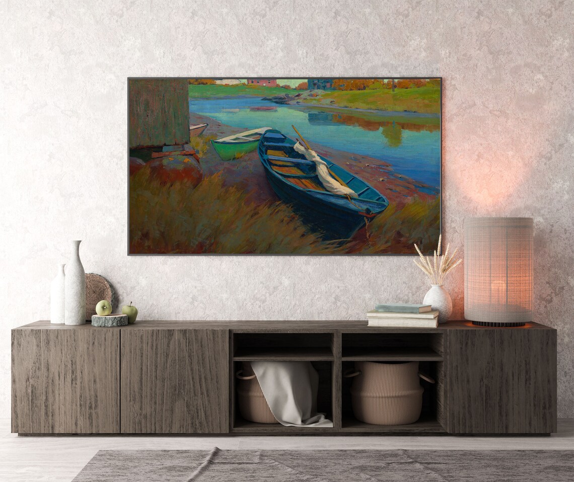 Blue Rowboats Riverbank Reflections Colorful Impressionist Boat Painting Poster - Image 3