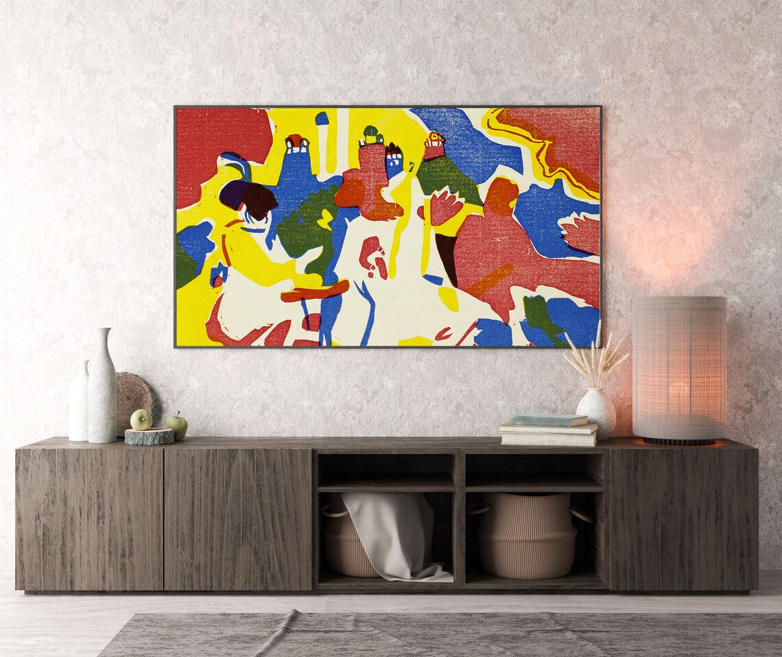 Fauvist Woodcut Style Figures in Bold Red Yellow Blue Poster - Image 3