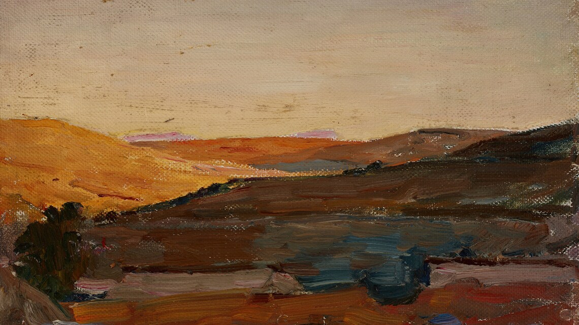 Warm Ochre Rolling Hills Landscape Oil Painting at Dusk Autumn Poster - Image 2
