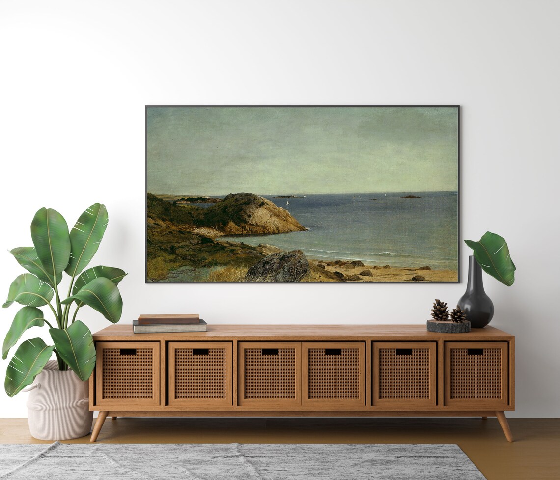 Rocky Coastal Headland Sailboats Minimalist Neutral Seascape Painting Poster - Image 3
