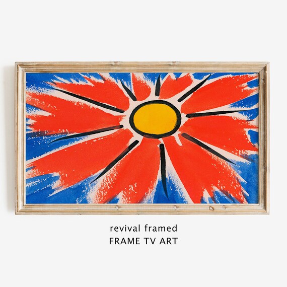 Bold Abstract Red Flower Sunburst Painting on Blue Fauvist Style Poster