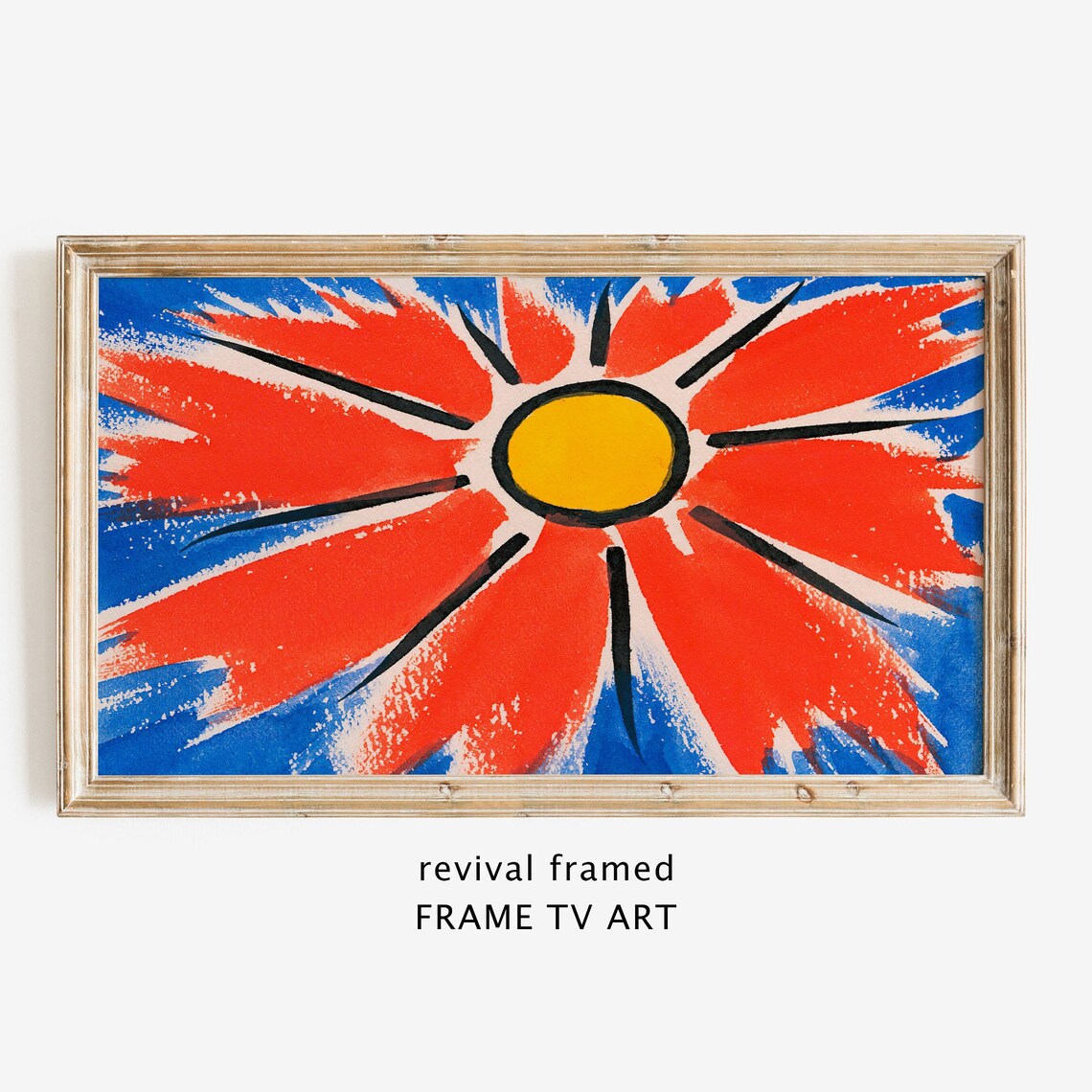 Bold Abstract Red Flower Sunburst Painting on Blue Fauvist Style Poster