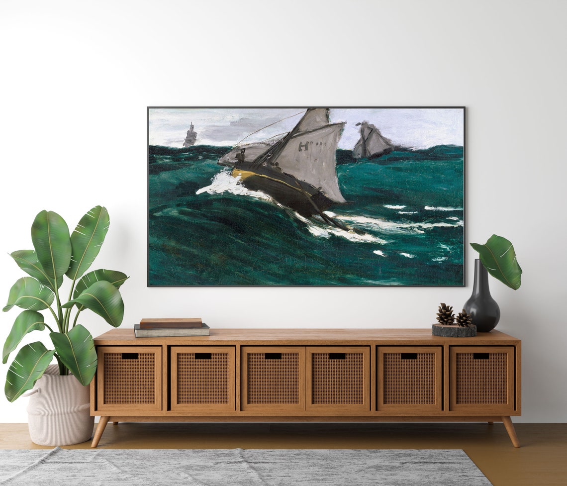 Sailboat on Rough Teal Sea Vintage Impressionist Oil Painting Poster - Image 4
