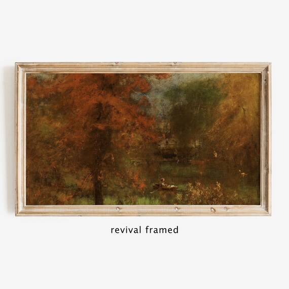 Dark Autumn Lake Lone Rower Tonalist Fall Reflections Vintage Painting Poster