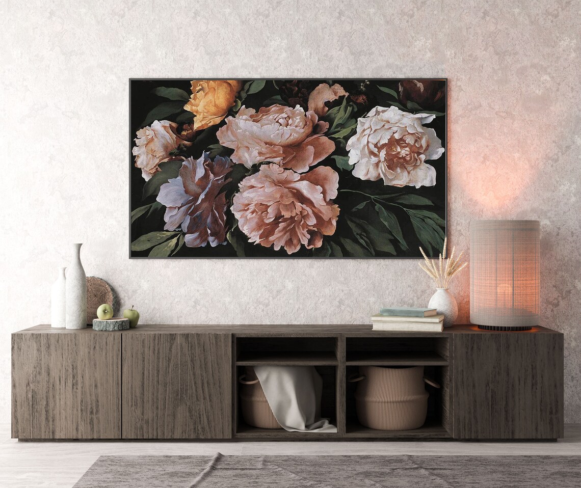 Moody Dark Peonies Lush Pink Blooms Vintage Floral Oil Painting Style Wall Art - Image 4