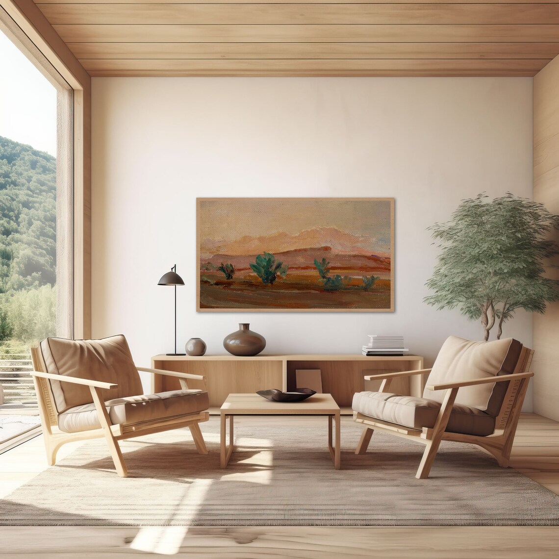 Desert Cactus Landscape Painting with Red Mesas and Teal Cacti Poster - Image 3