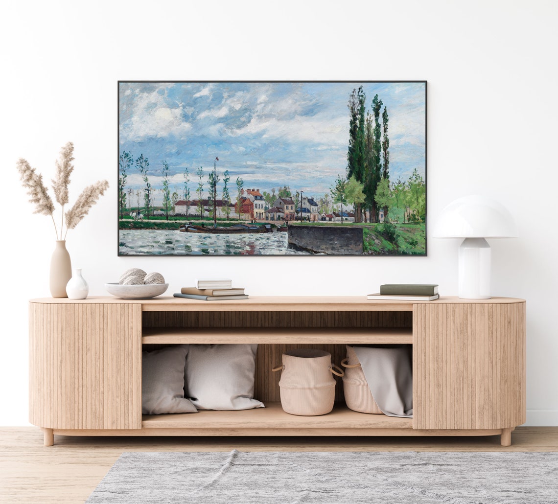 Impressionist Riverside Village with Moored Barges and Poplars Poster - Image 3