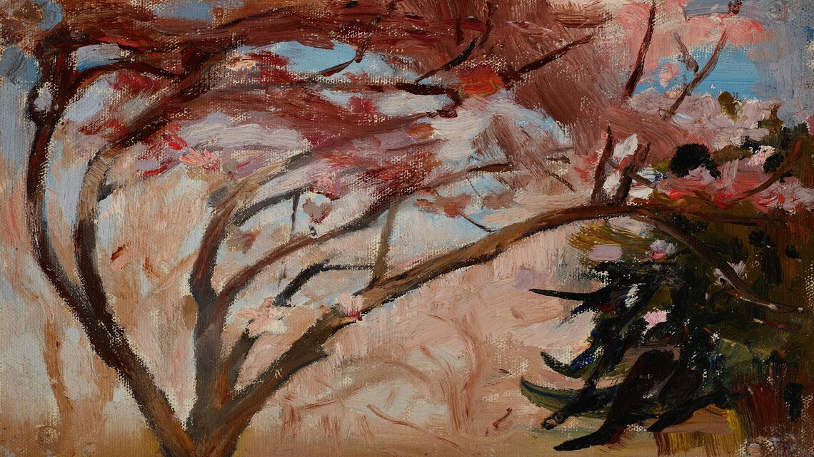 Windswept Autumn Tree Impressionist Oil Painting with Red Foliage Poster - Image 2