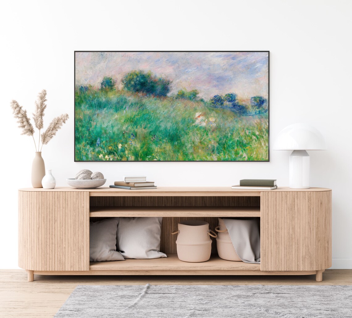 Green Impressionist Spring Meadow Wildflower Field Vintage Style Wall Art - Image 4