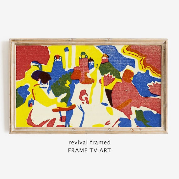Fauvist Woodcut Style Figures in Bold Red Yellow Blue Poster