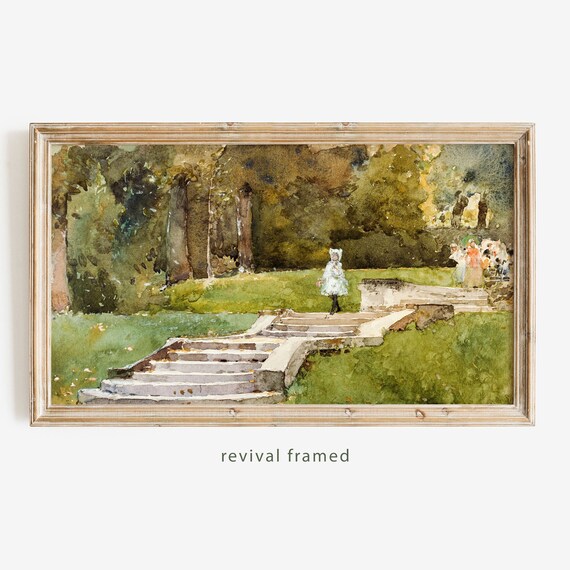 Child on Park Steps Vintage Watercolor Painting Garden Scene Poster