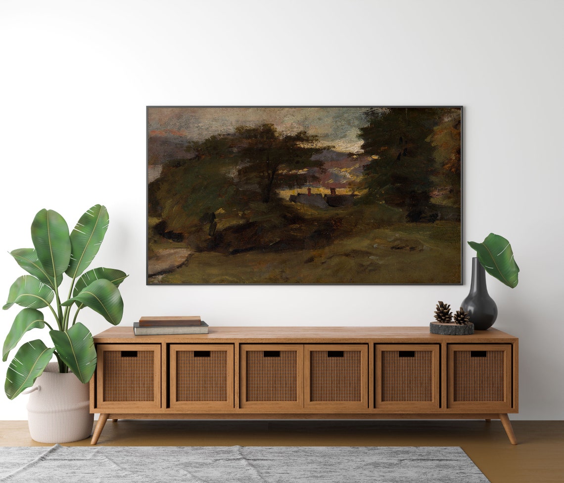 Rustic Village Landscape at Dusk with a Glowing Sunset Poster - Image 3