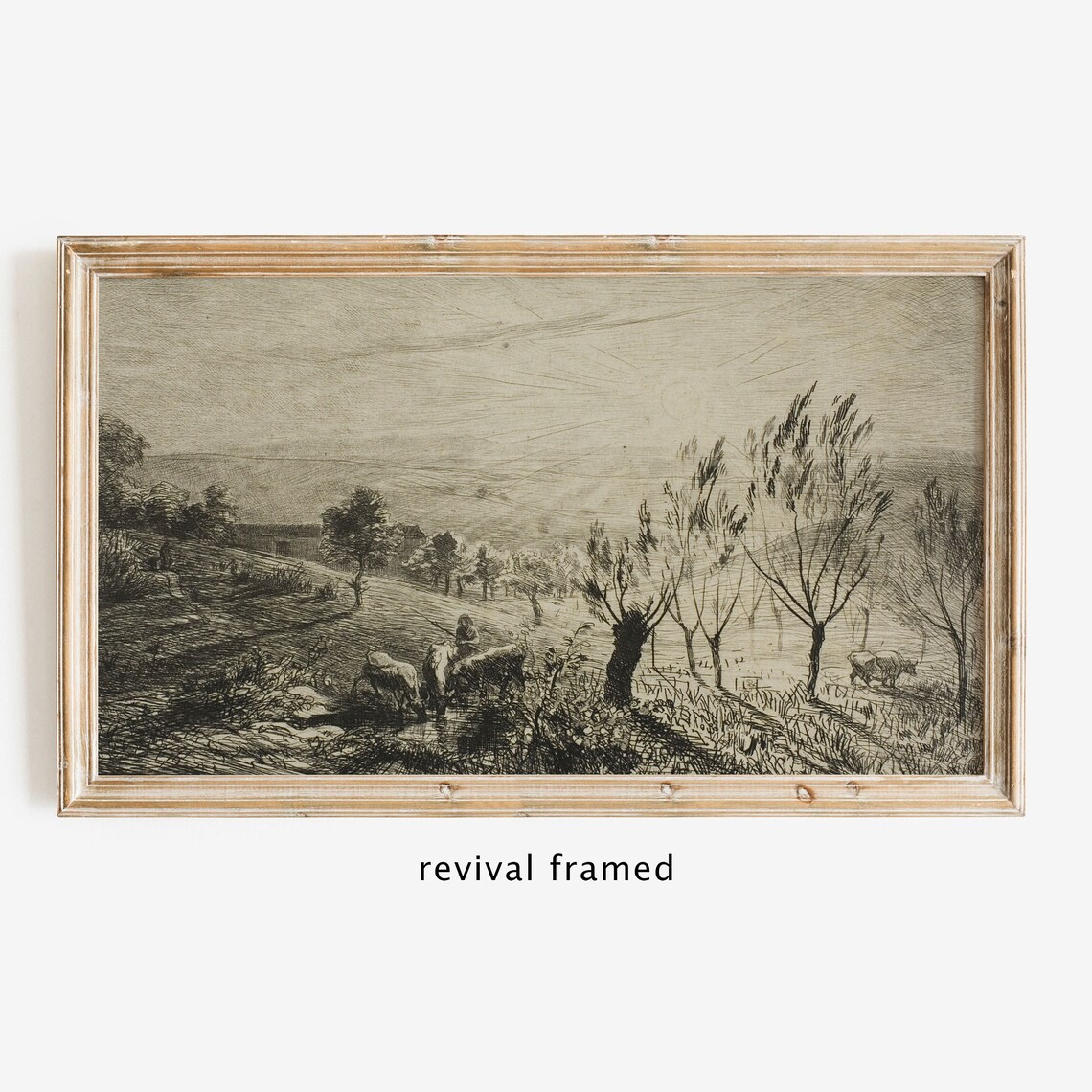 Vintage Etching of a Herdsman with Cattle among Willows Poster