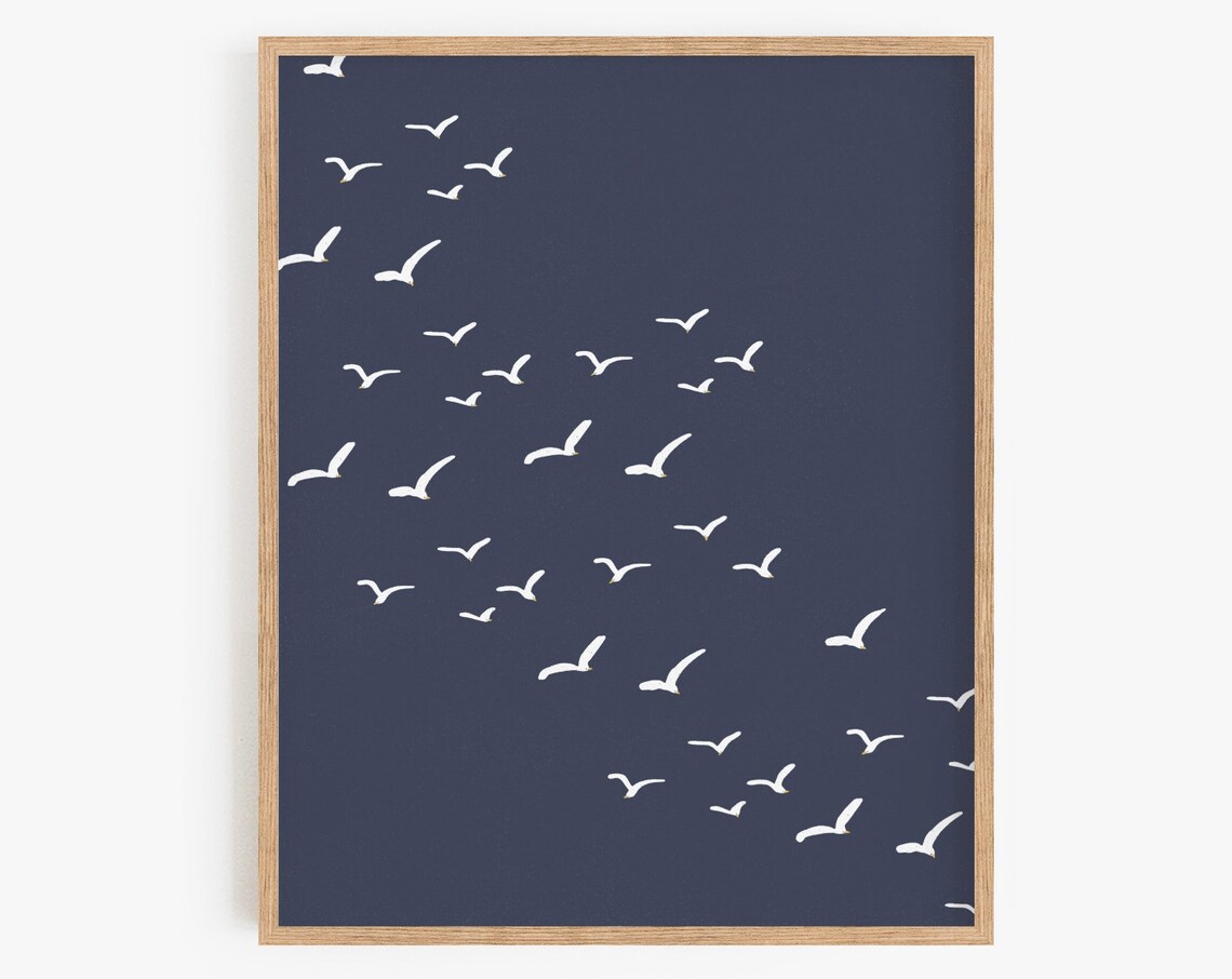 Seagull Print, Coastal Birds Flock Art Print