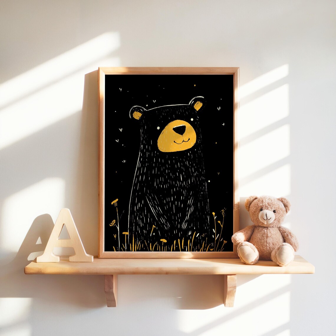 Bear Art Print Cute Illustration Nursery Decor Black Wall Kids Room Instant