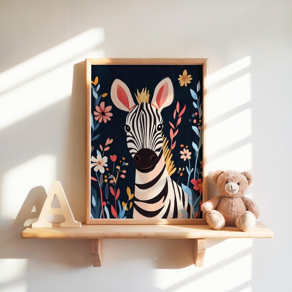Zebra Print Art Floral Wall Nursery Decor Animal Kids Room
