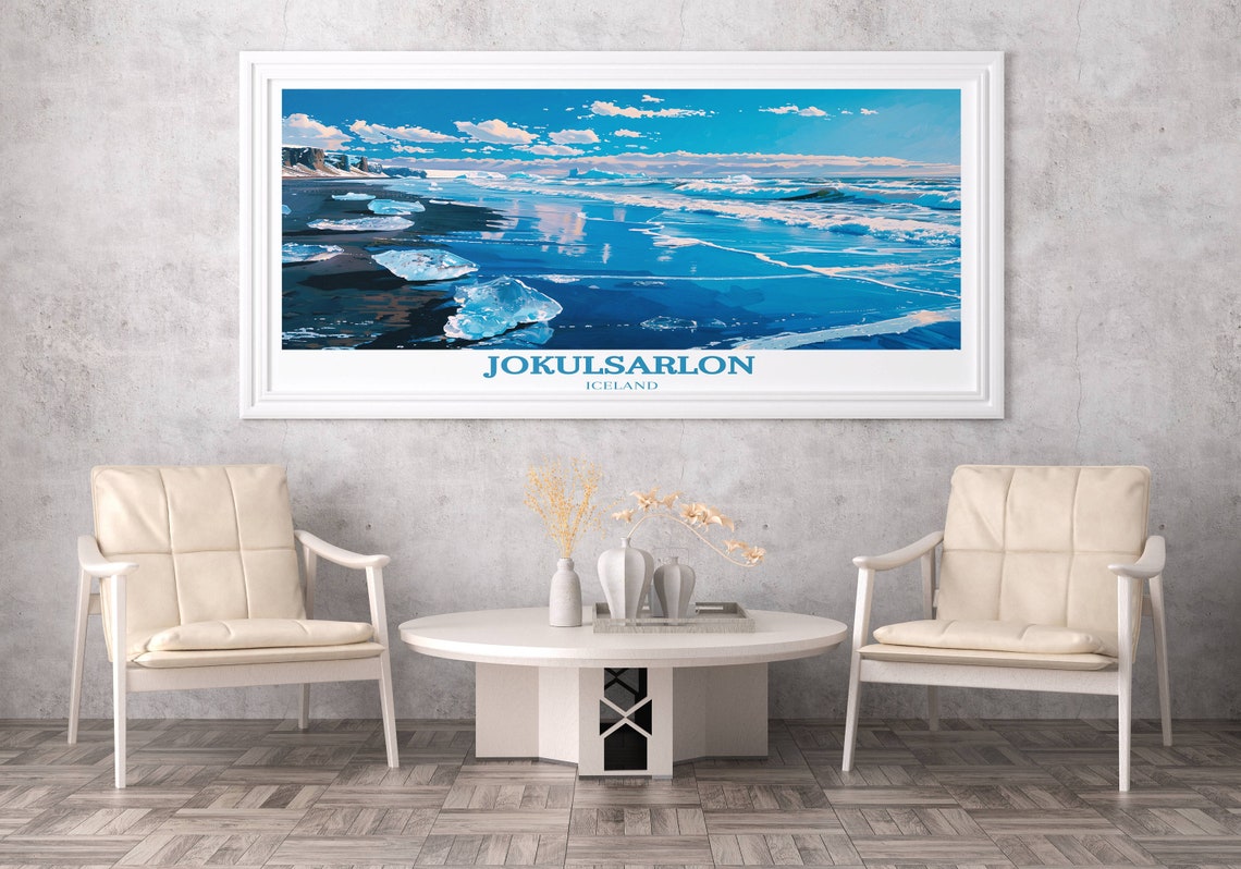 Jokulsarlon Iceland Black Sand Beach Ice Chunks Waves Poster - Image 3