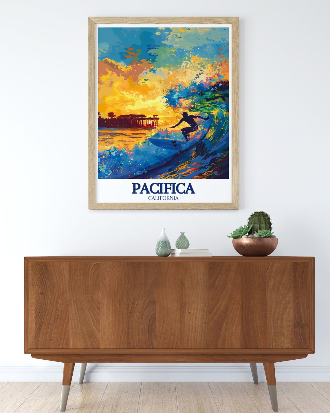 Pacifica California Surfer Sunset Wave Pier Beach Art Poster - Image 3