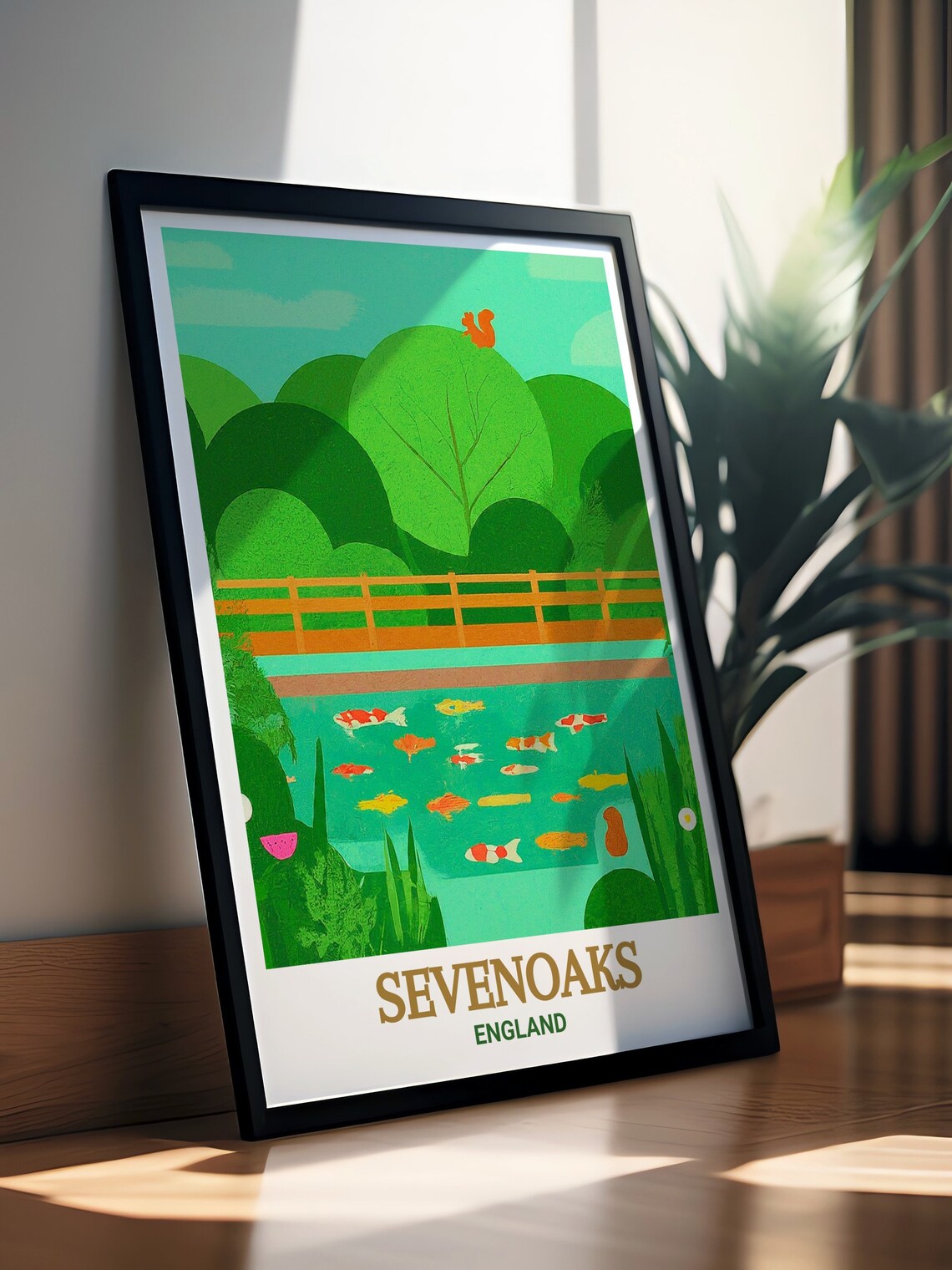 Sevenoaks England Koi Fish Pond Wooden Bridge Garden View Poster - Image 2
