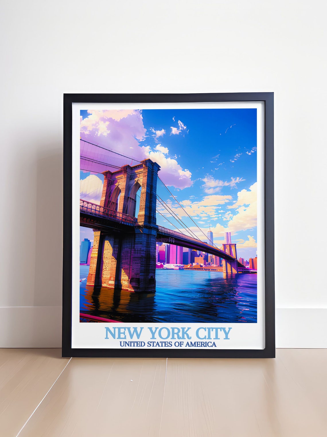 New York City Brooklyn Bridge Sunset Purple Sky Harbor Poster - Image 4