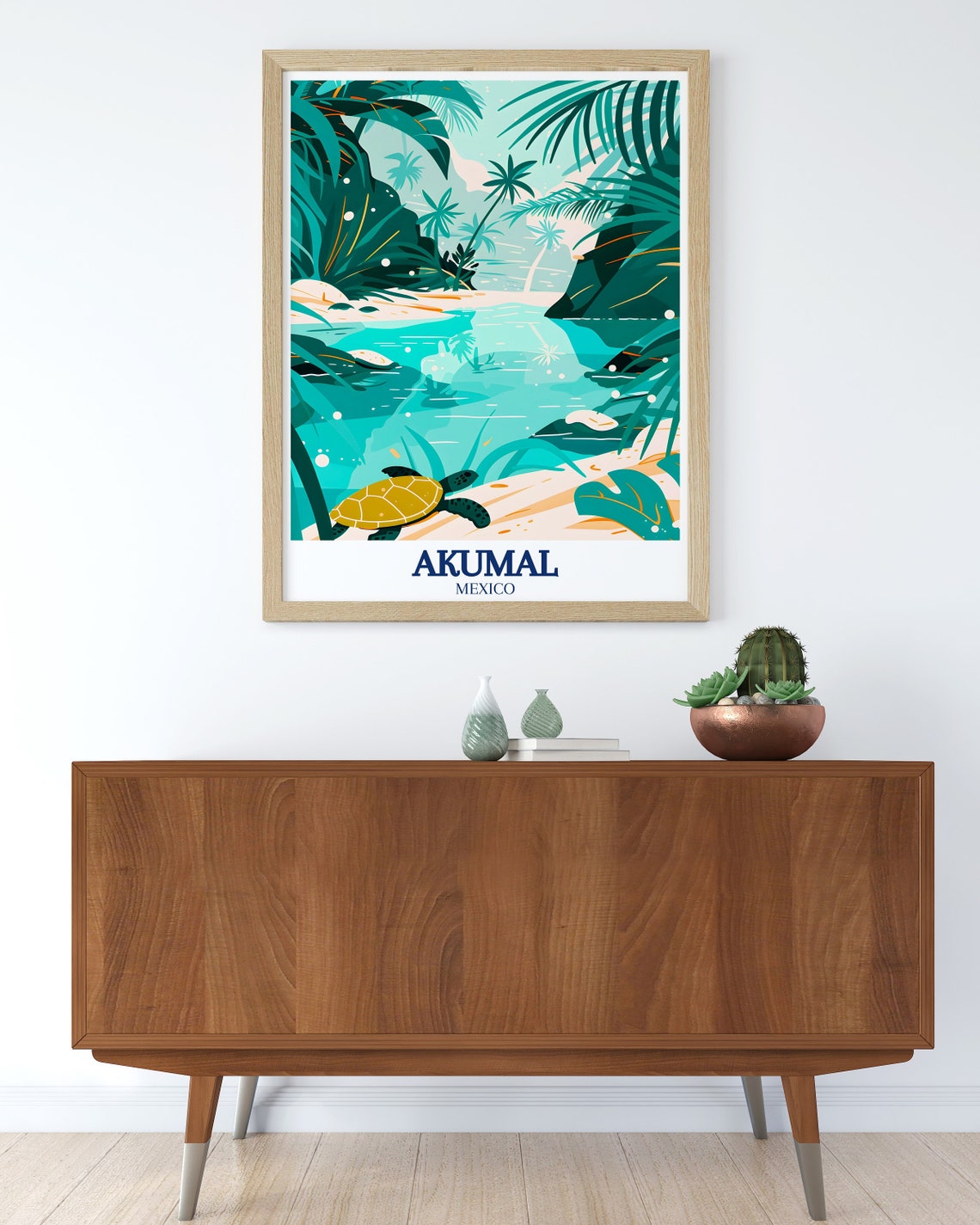 Akumal Mexico Sea Turtle in Tropical Lagoon Cove Art Travel Poster - Image 3