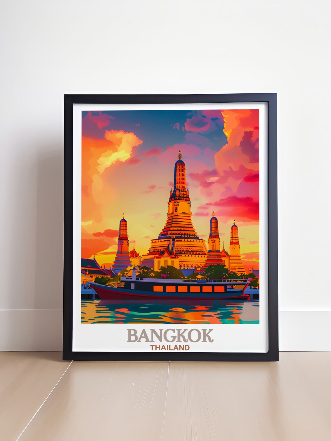Bangkok Wat Arun Temple At Sunset With River Boat Thailand Poster - Image 4