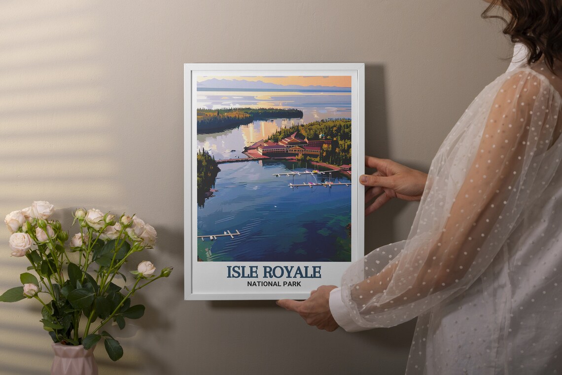 Isle Royale Rock Harbor Lodge Aerial Lake Sunset Travel Poster - Image 2
