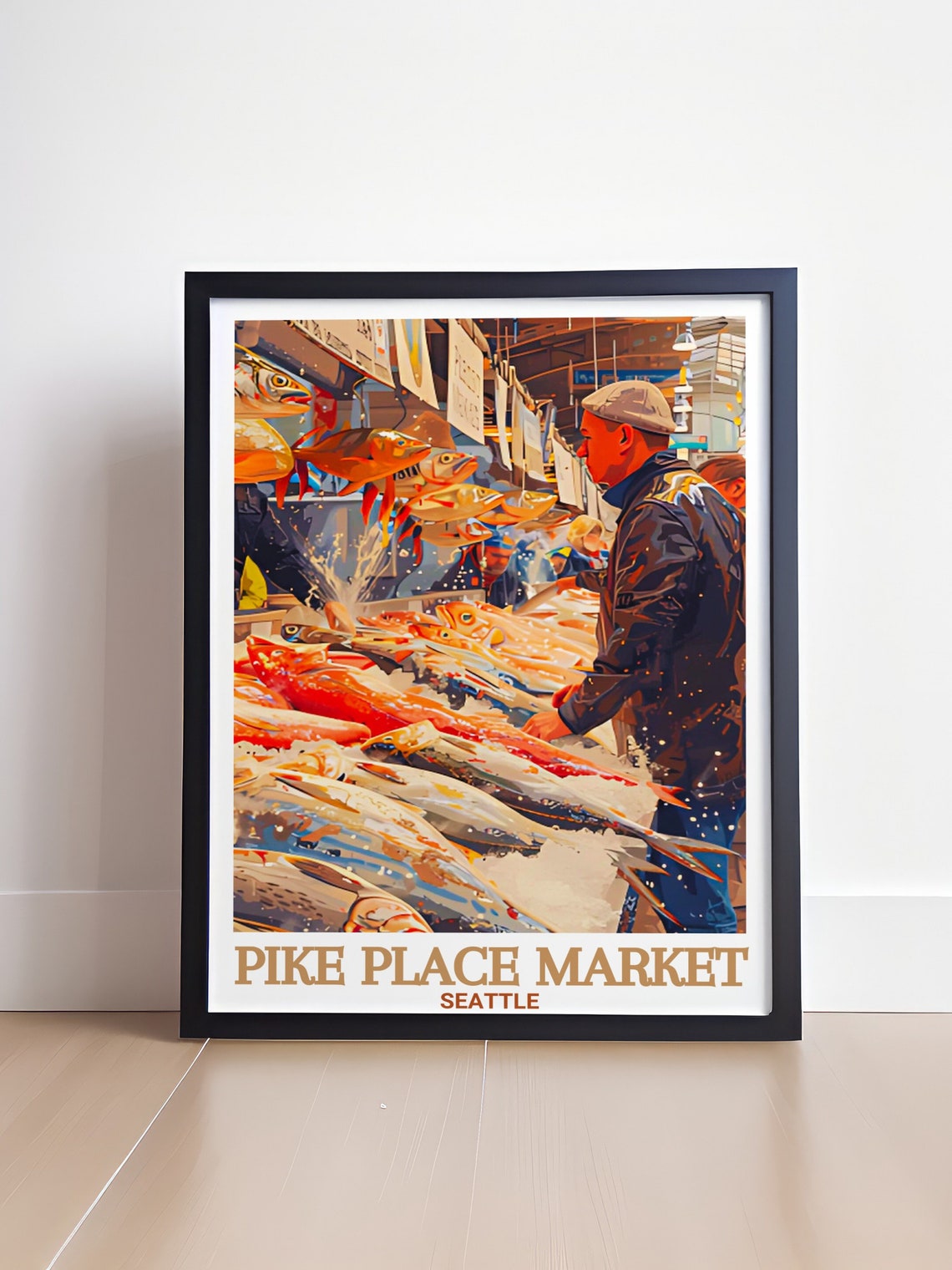Pike Place Market Seattle Bustling Fish Stall Watercolor Poster - Image 4