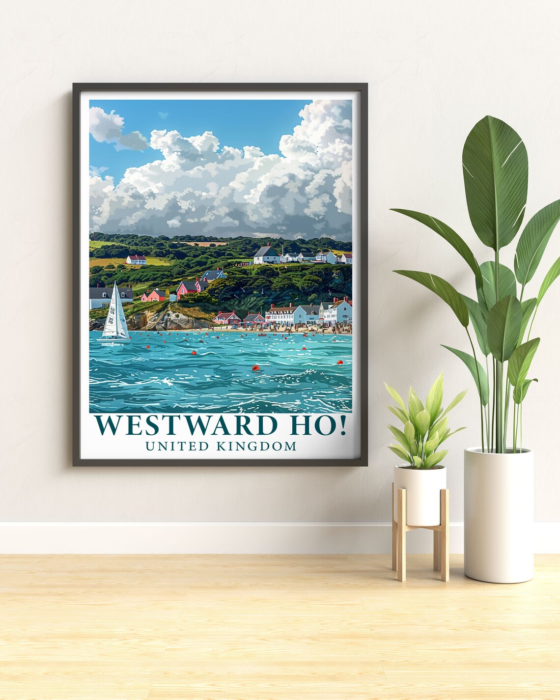 Westward Ho Seaside Village with Sailboat on Turquoise Sea Poster - Image 3
