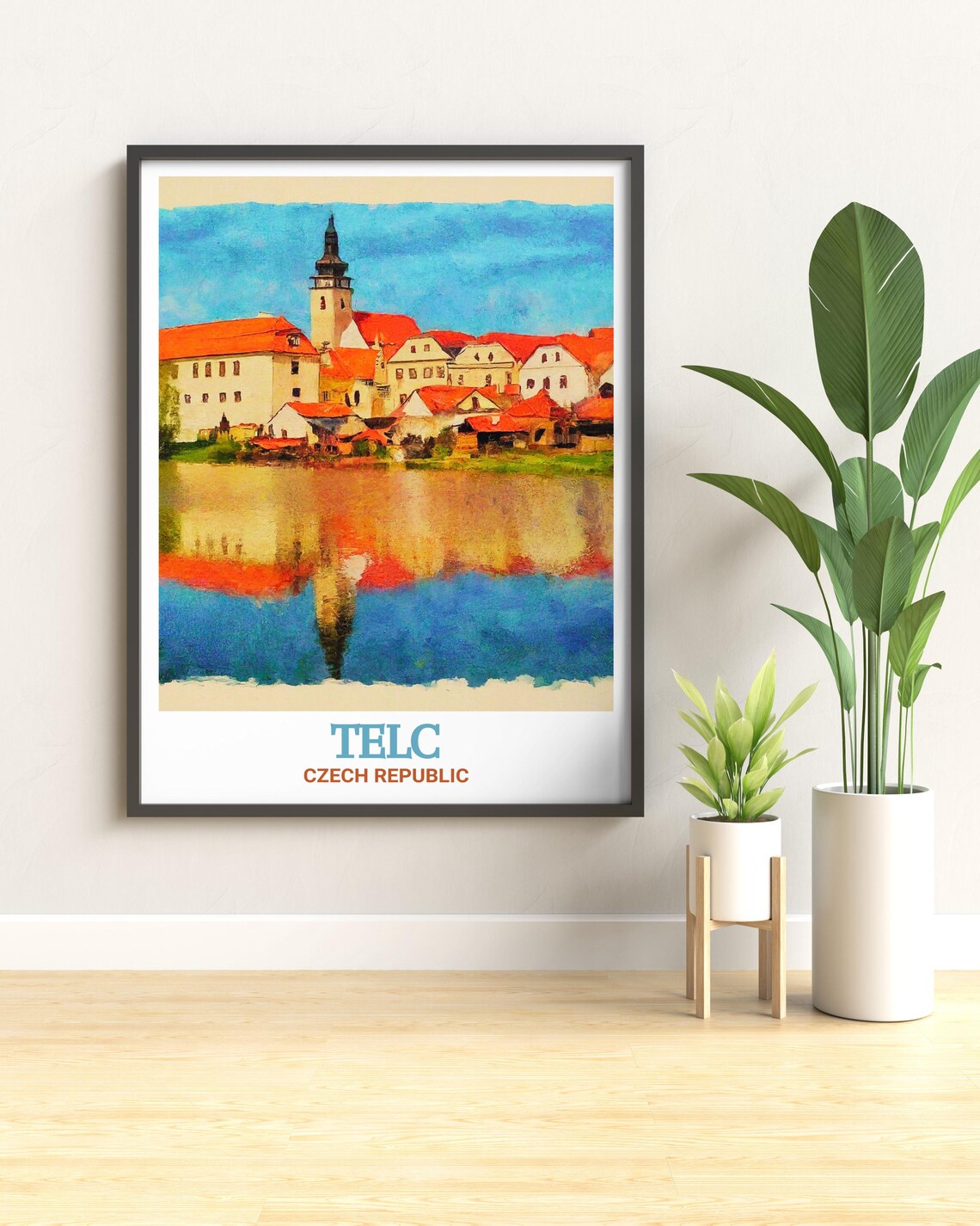 Telc Castle Czech Republic Lakeside Reflection Travel Poster - Image 3