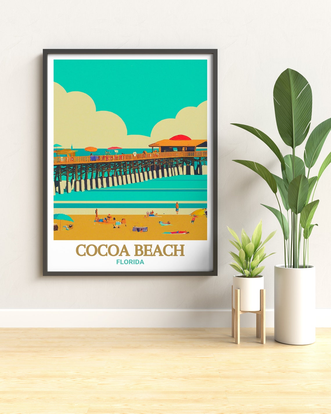 Cocoa Beach Florida Pier Day Vintage Beach Scene Travel Poster - Image 3