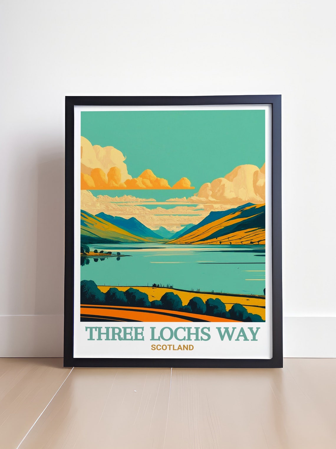 Three Lochs Way Scotland Loch Golden Hills Graphic Road Poster - Image 4