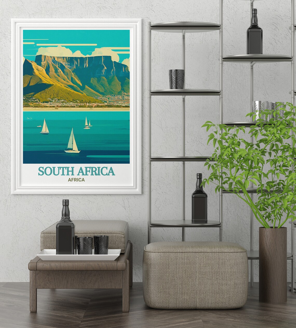 South Africa Table Mountain Teal Seascape Sailboat Bay Poster - Image 2