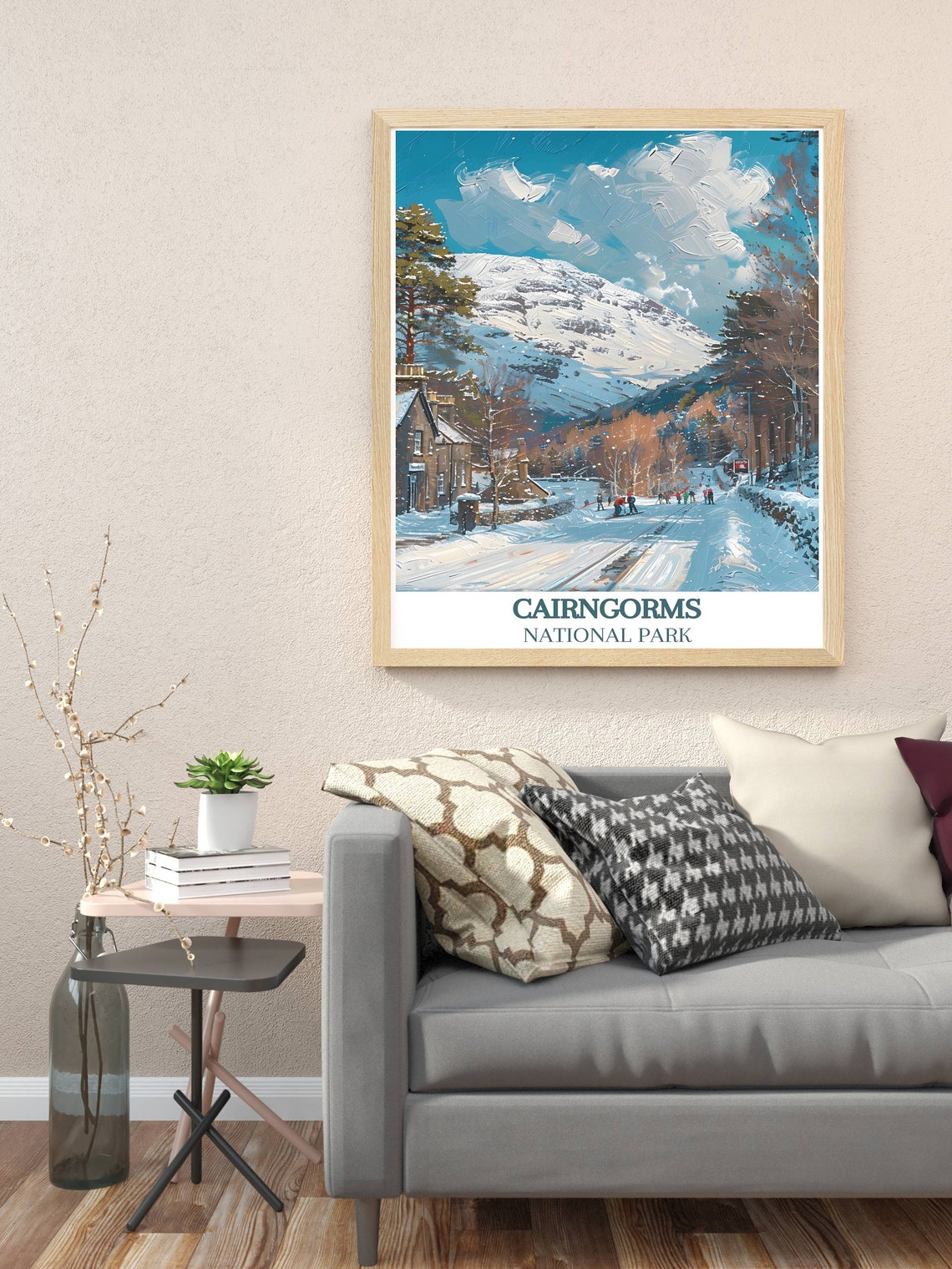 Cairngorms National Park Snowy Village and Skiers Winter Poster - Image 2