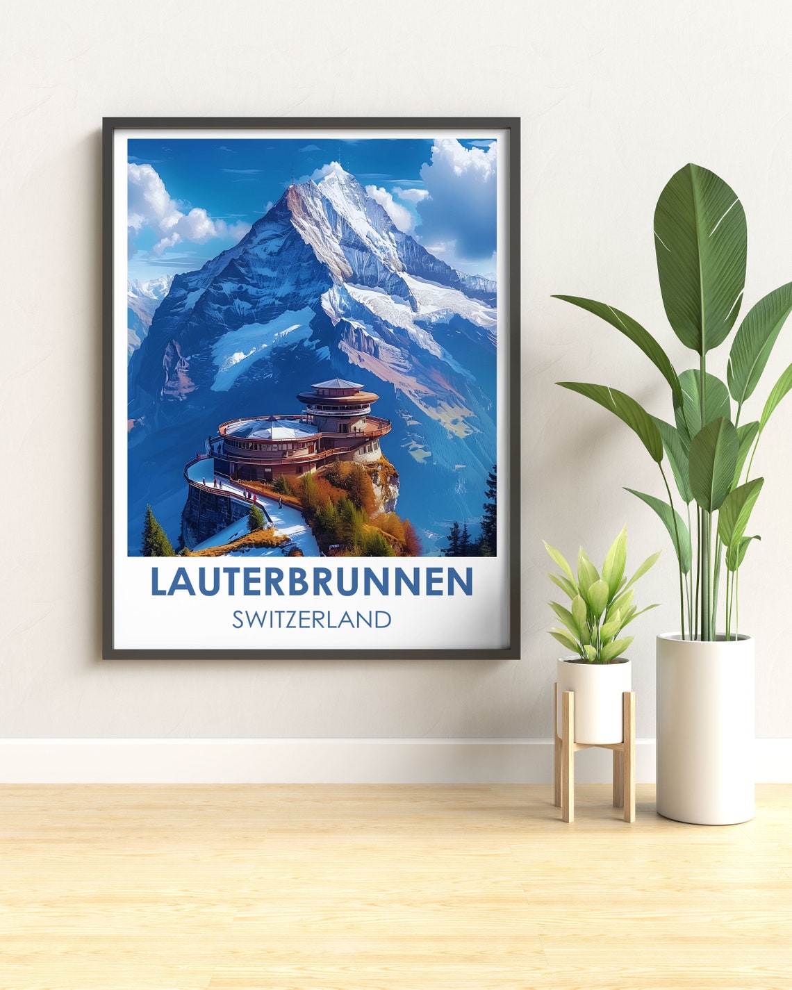 Lauterbrunnen Switzerland Snowy Peak and Cliffside Viewing Deck Poster - Image 3