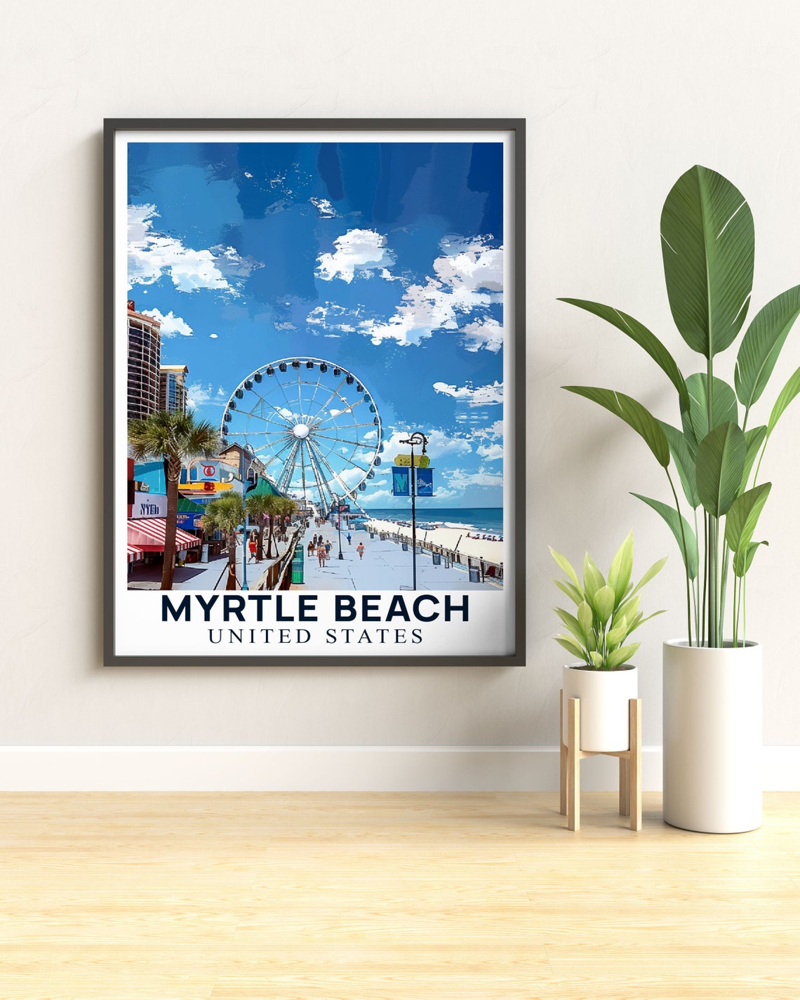 Myrtle Beach Boardwalk Ferris Wheel Ocean View Vintage Travel Poster - Image 3