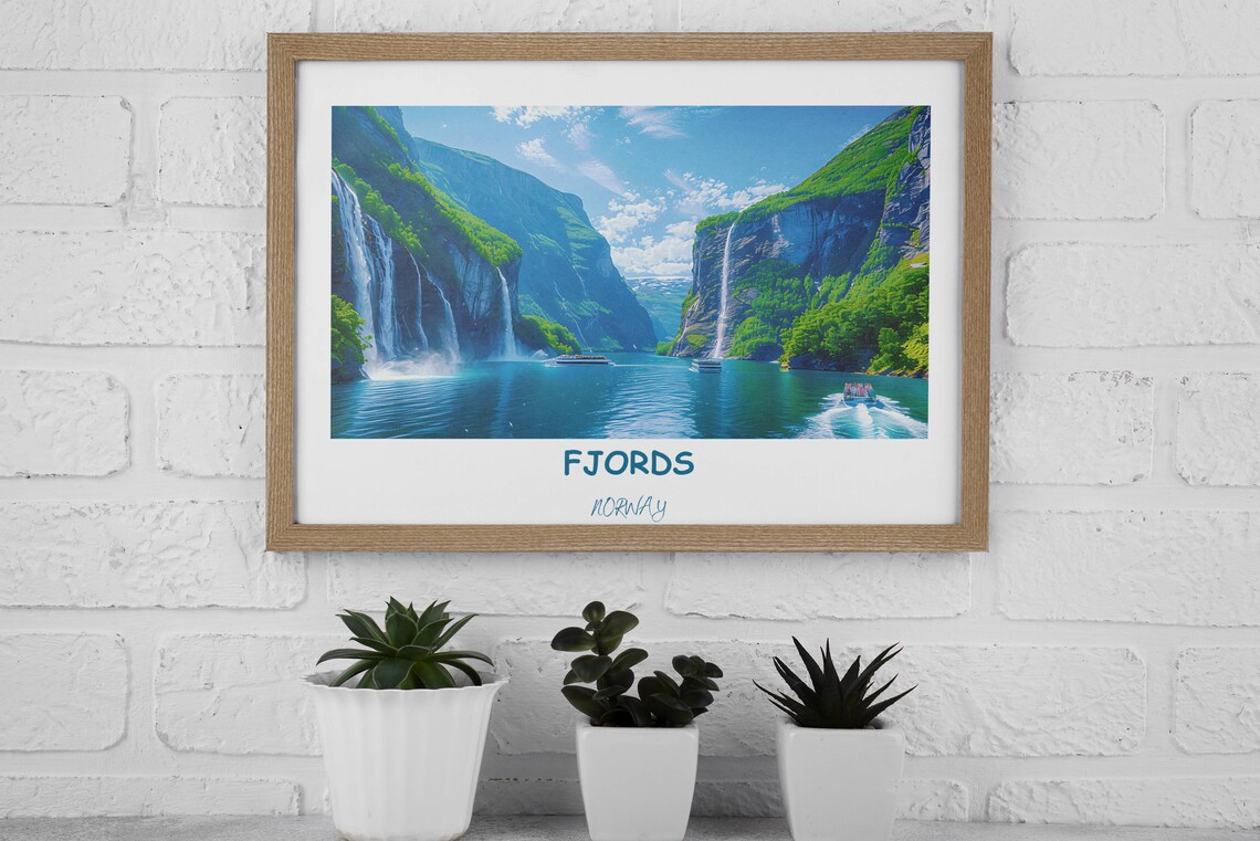 Norway Fjords Waterfalls Cruise Ships Scenic Green Cliffs Poster - Image 2