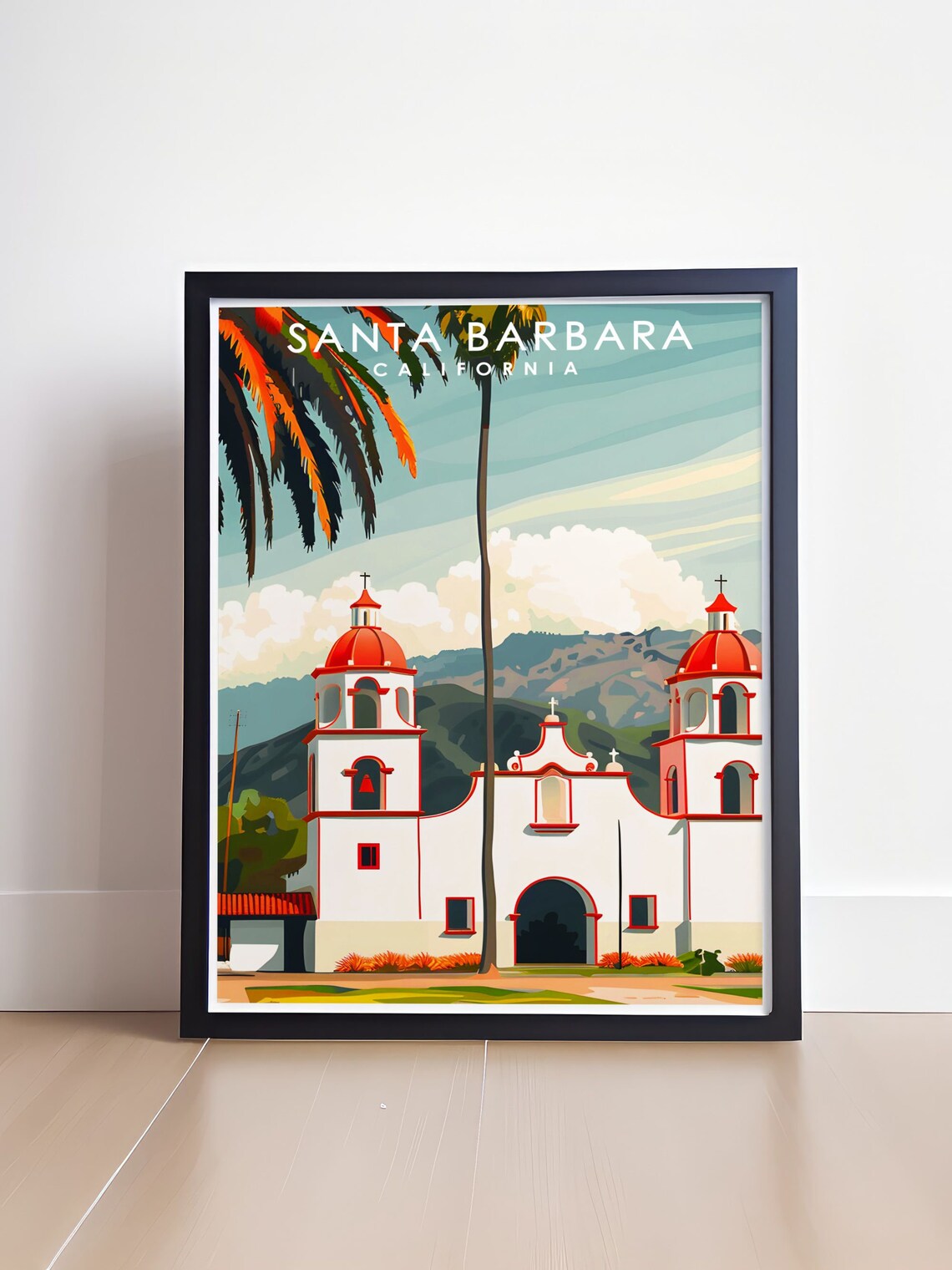 Santa Barbara Mission Red Domes Palm Trees Spanish Travel Poster - Image 4