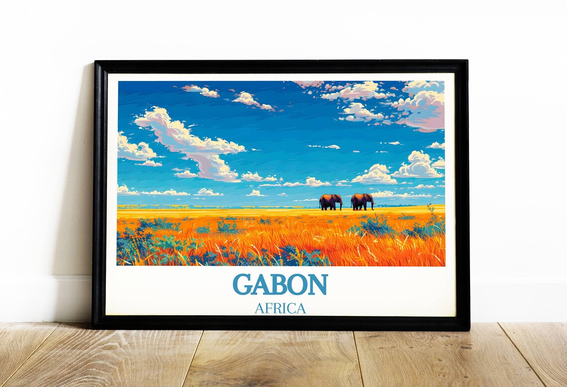 Gabon Africa Elephants Crossing Golden Savanna Grass Land Poster - Image 4