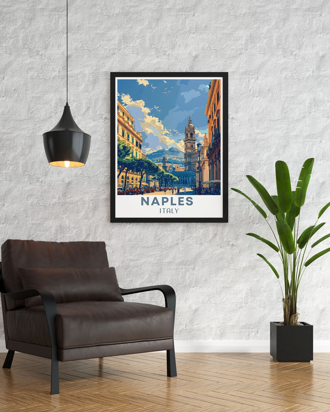 Naples Italy Piazza del Plebiscito Travel Poster With Vesuvius View - Image 3
