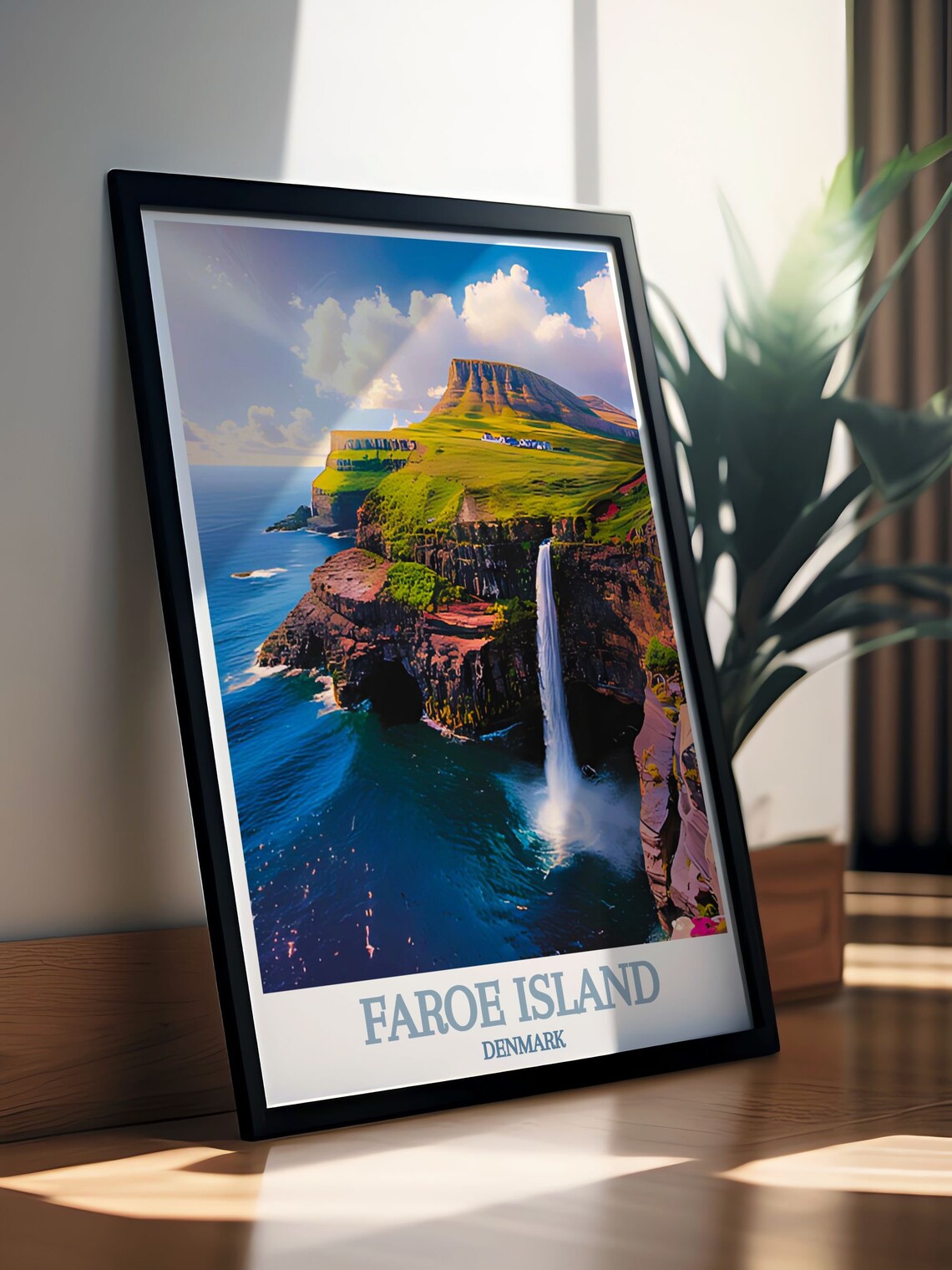 Faroe Islands Mlafossur Waterfall into Ocean Coastal Travel Poster - Image 2