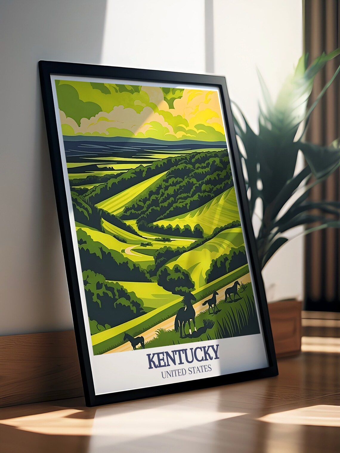 Kentucky Bluegrass Rolling Hills Horses Sunset Travel Poster - Image 2