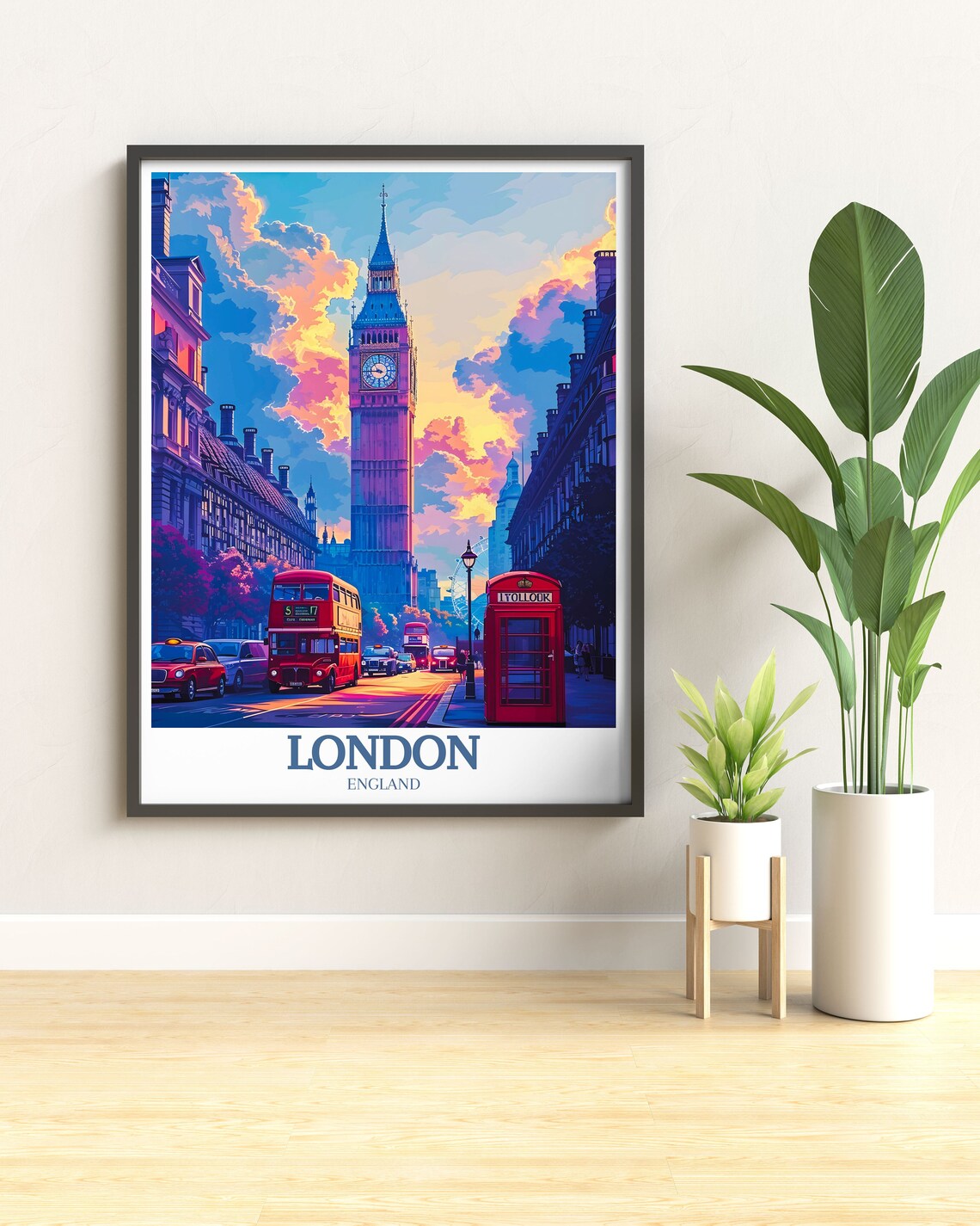 London Big Ben Street Scene Red Bus Phone Box Sunset Travel Poster - Image 3