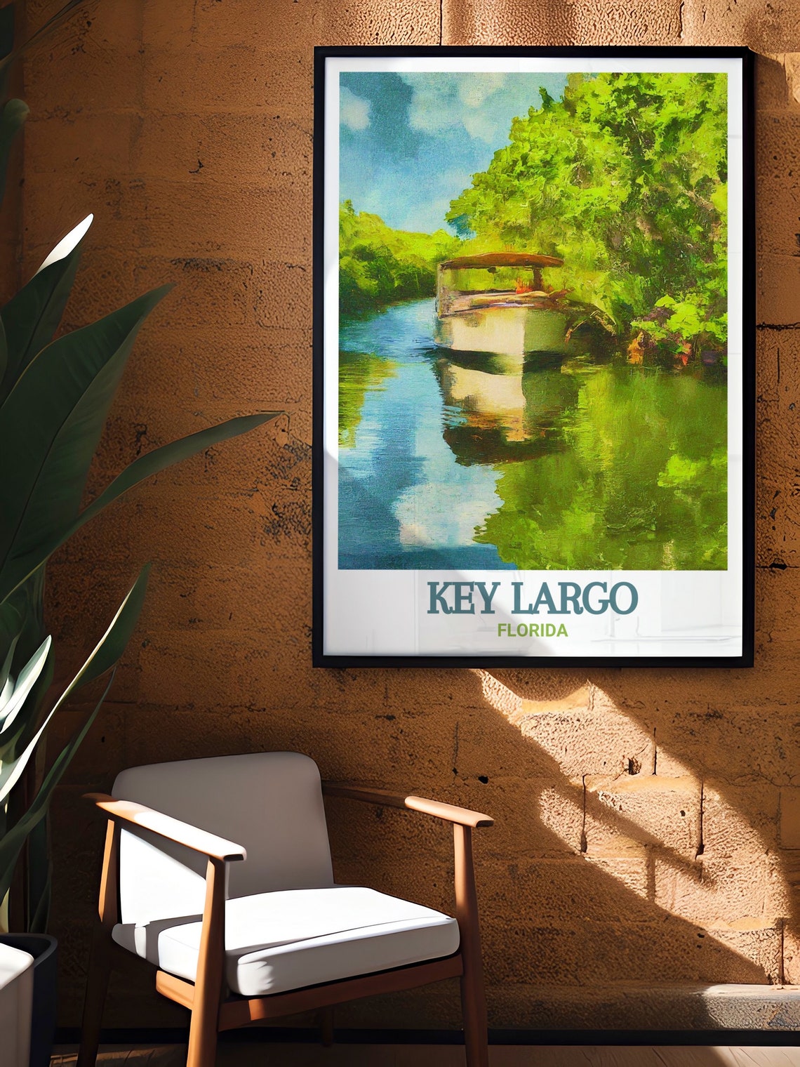 Key Largo Canal Boat Mangrove Reflections Florida Scenic Travel Poster - Image 2