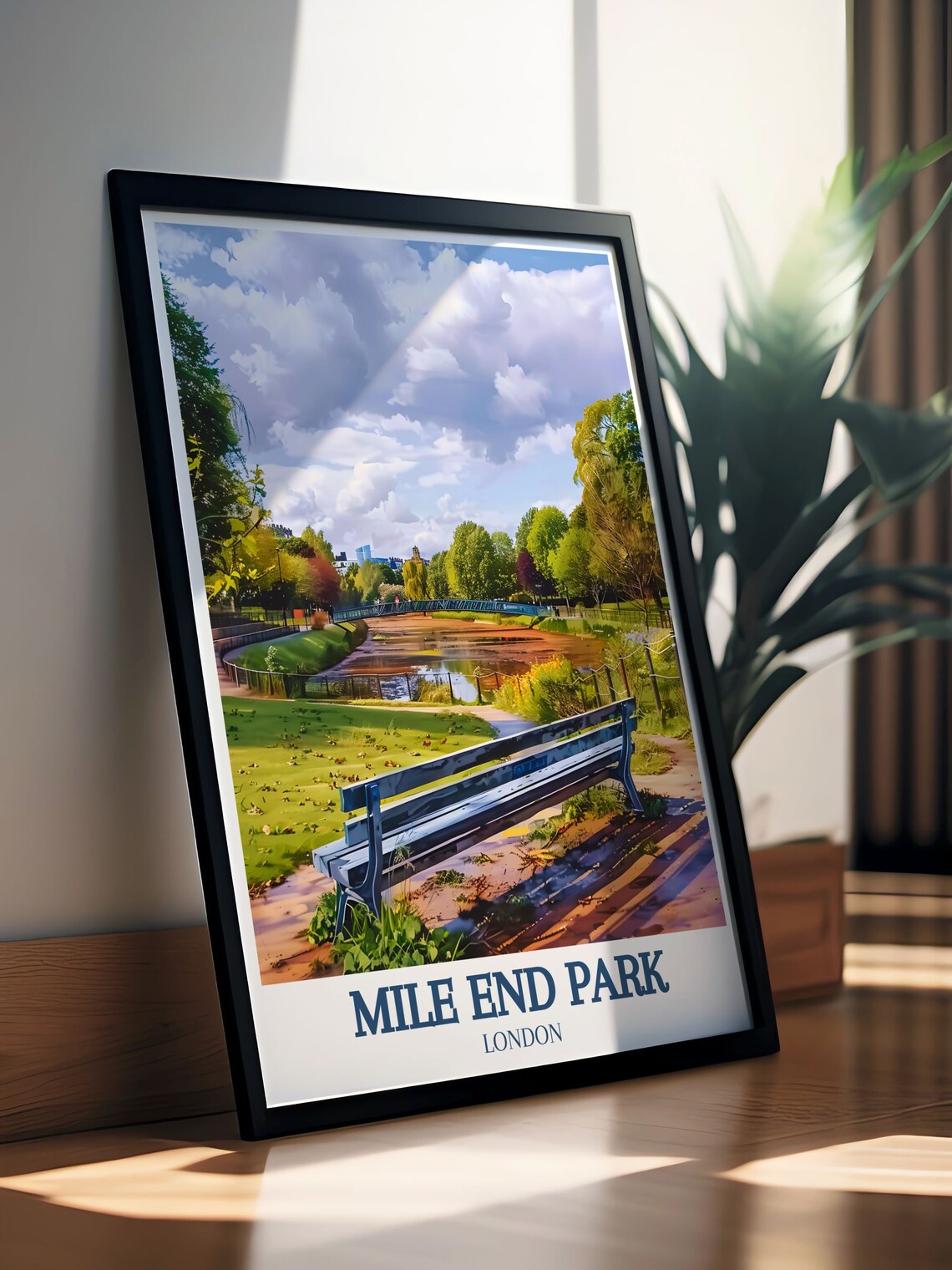 Mile End Park London Bench Overlooking Lake and Bridge Poster - Image 2