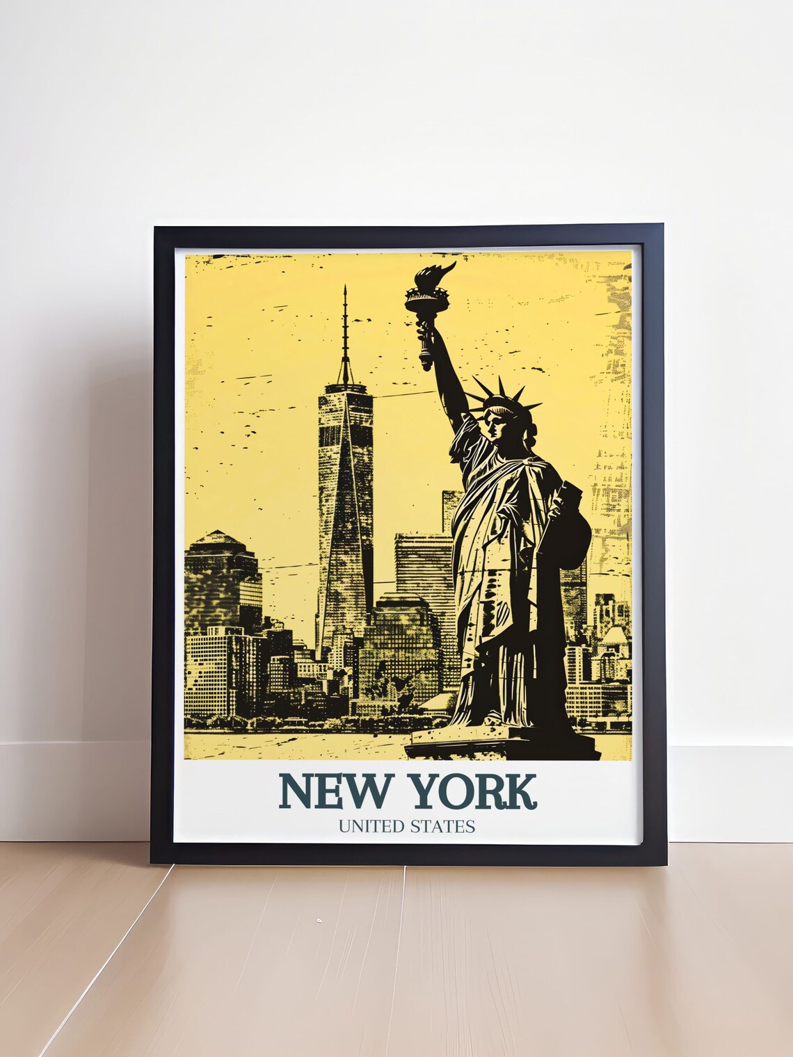 New York Statue of Liberty Manhattan Skyline Gold Vintage Poster - Image 4